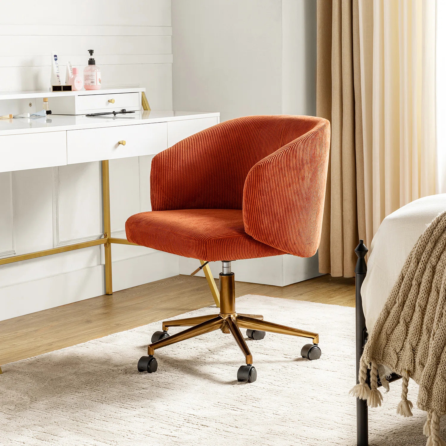 Wade Logan® Brilhantina Corduroy Mid-Century Modern Upholstered Swivel Barrel Task Chair & Revie... | Wayfair North America