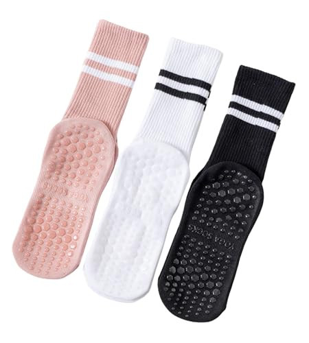 INANIR Pilates Socks With Grips for Women: Cute Non Slip Crew Gripper Yoga Sock - Grippy Sticky for Hospital/Dance Barre/Workout - Elderly Postpartum Slipper 3-Pair Set Size S/M 5-10 | Amazon (US)