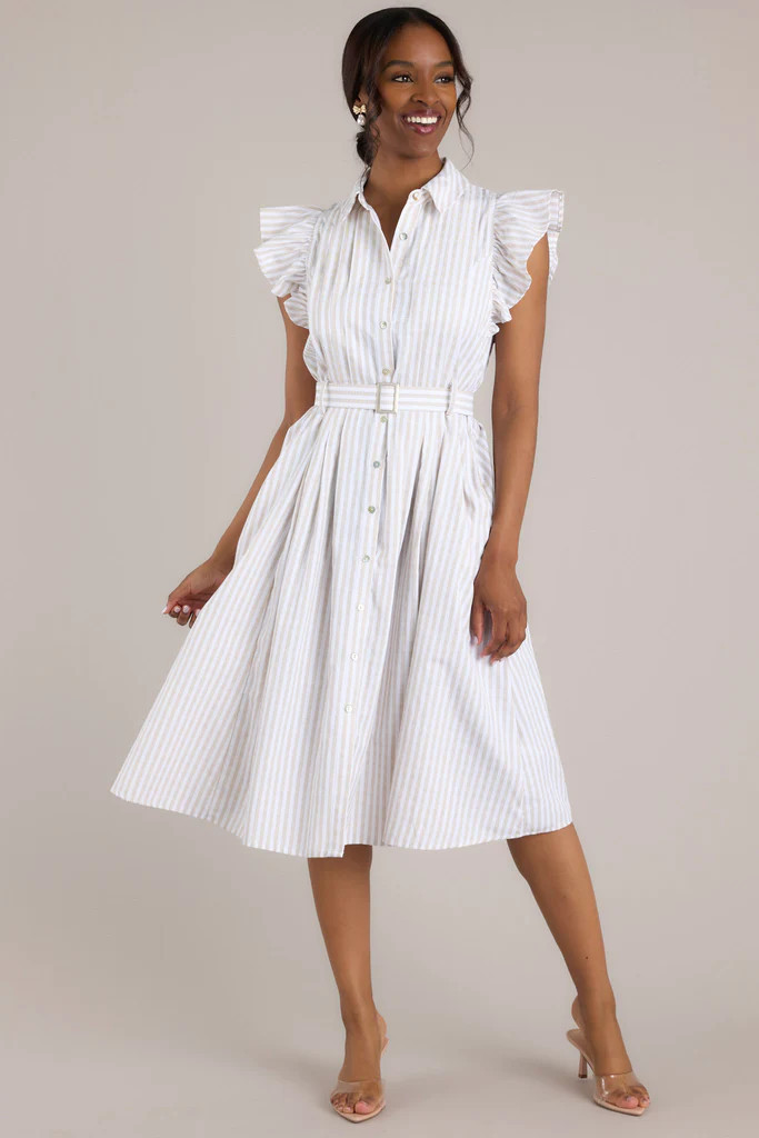 Simple Statement Taupe and White Stripe Button Front Midi Dress | Red Dress