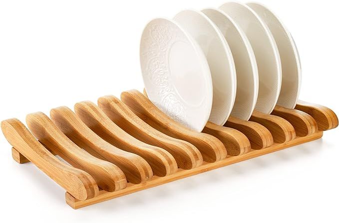 Frcctre Bamboo Dish Drying Rack, 10 Slots Bamboo Cabinet Plate Stand Dish Drainer Wooden Plate Ra... | Amazon (US)