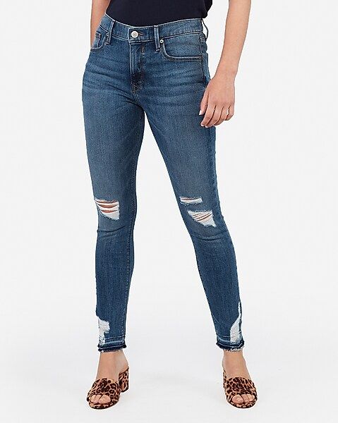 mid rise ripped raw hem jean ankle leggings | Express