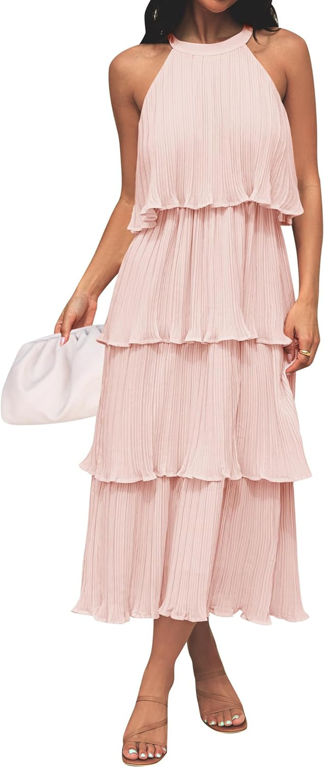 ZESICA Women's 2024 Summer Sleeveless Halter Neck Ruffle Tiered Layered Chiffon Flowy Swing Long ... | Amazon (US)