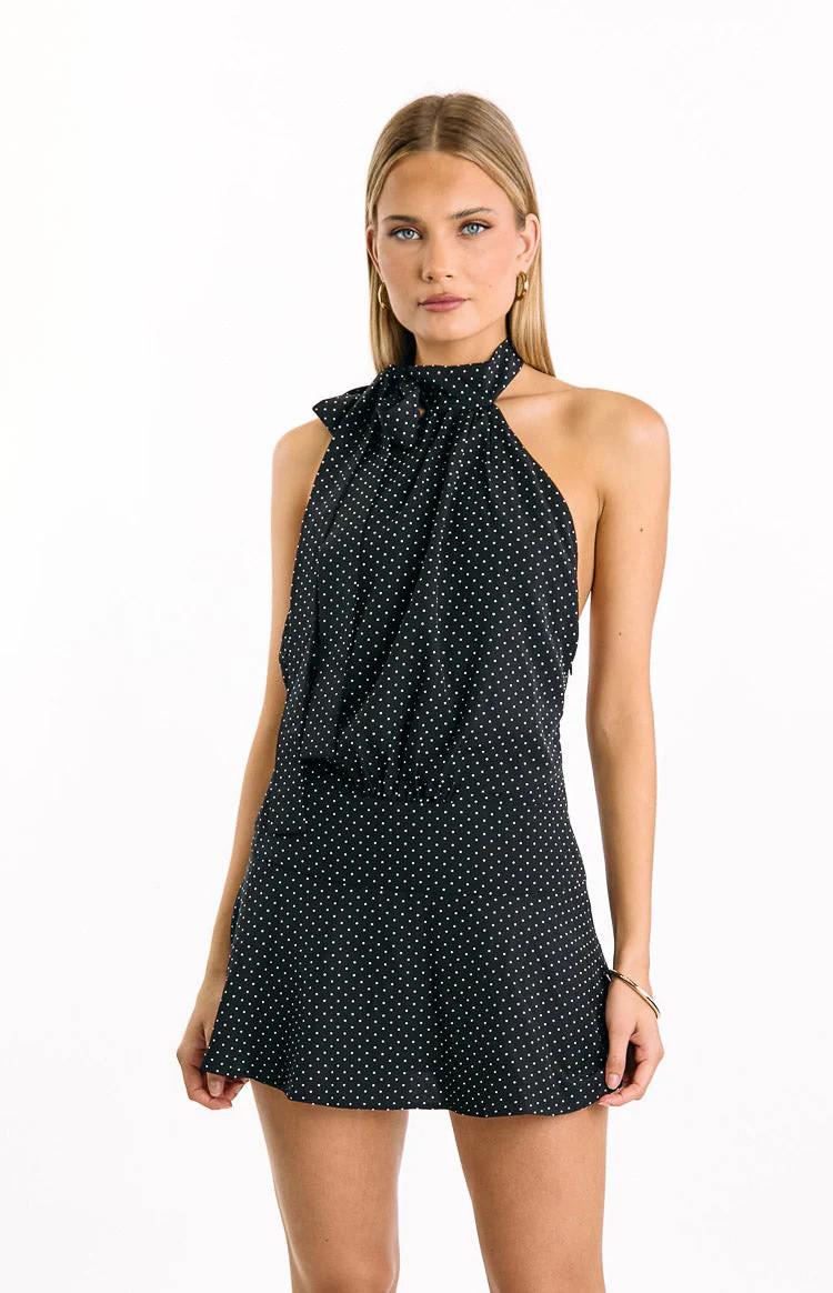 Bryan Black Polka Dot Halter Neck Mini Dress | Beginning Boutique (US)