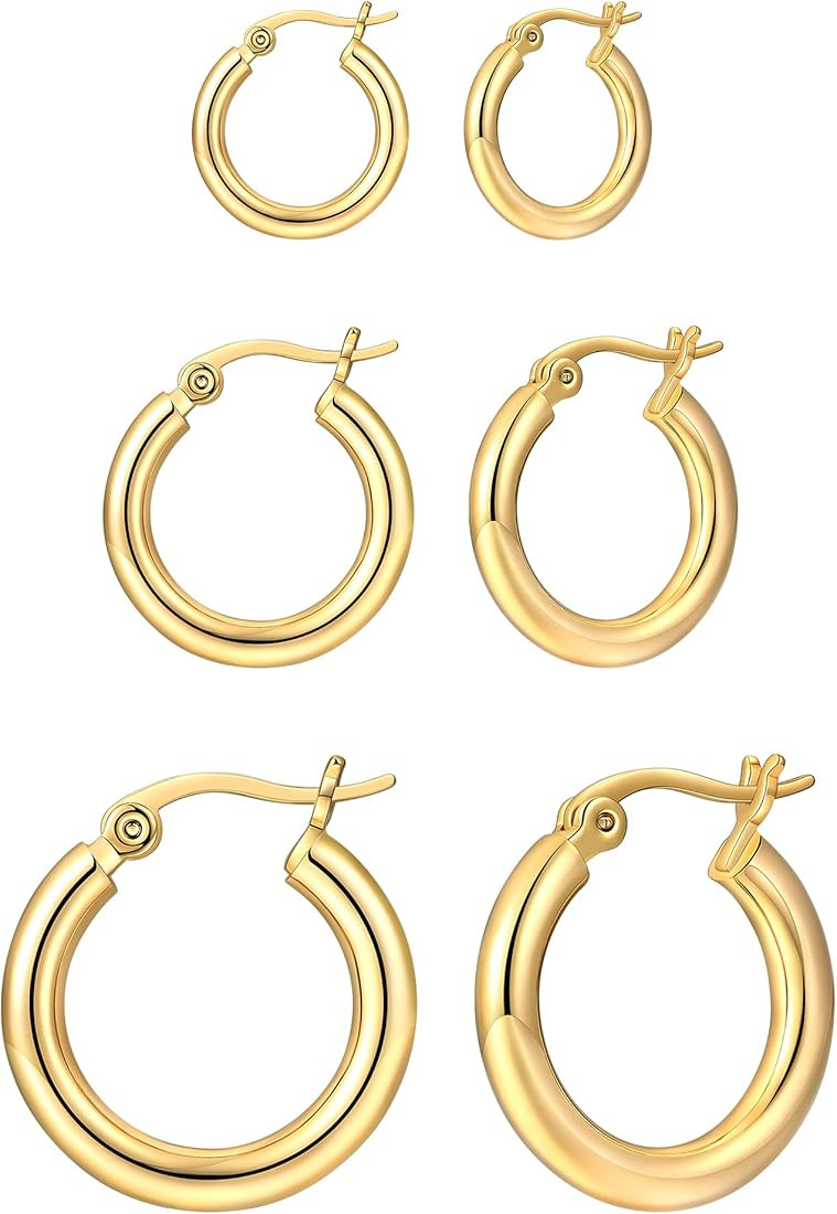 3 Pairs 14K Gold Plated Huggie Hoop Earrings for Women, Minimalist Gold Huggie Hoop Earrings, Simple | Amazon (US)