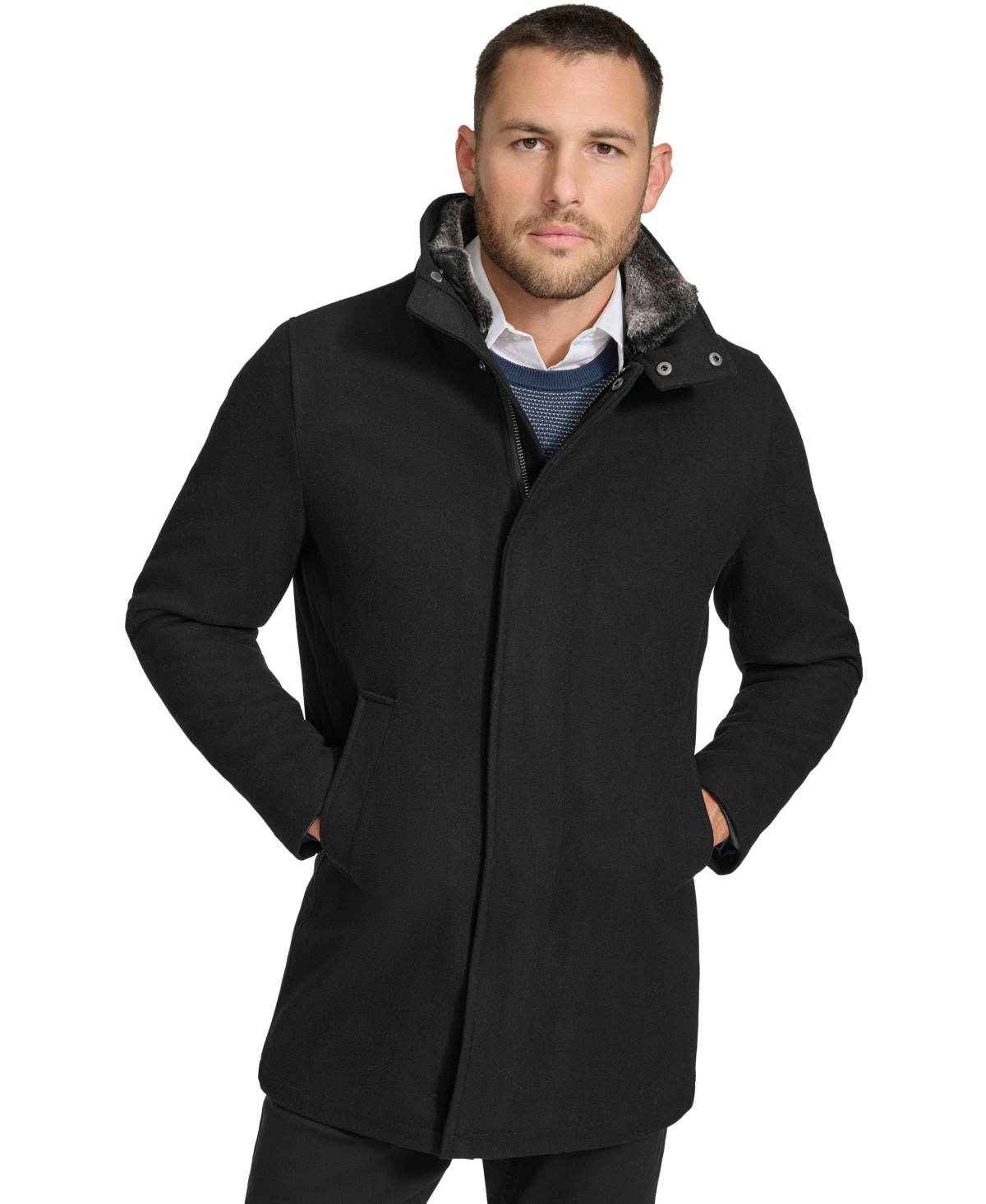 Calvin Klein Men's Urban Walker Coat with Detachable Faux Rabbit Fur at Interior Collar - Black | Macy's