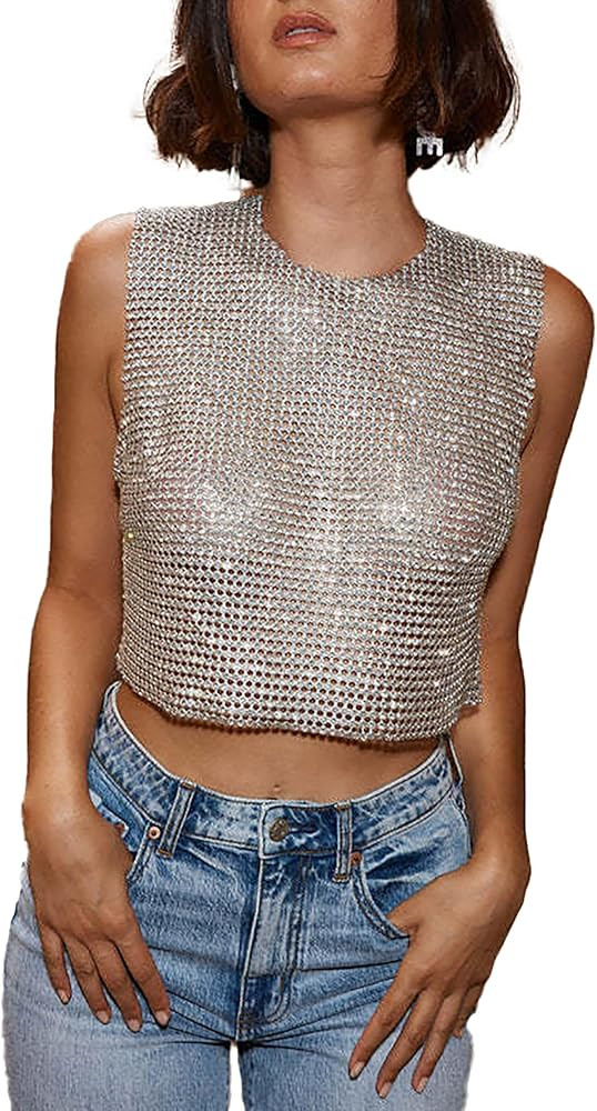 BAIMORE Women's Sexy Halter Chains Backless Sparkly Rhinestone Sleeveles Tank Top | Amazon (US)