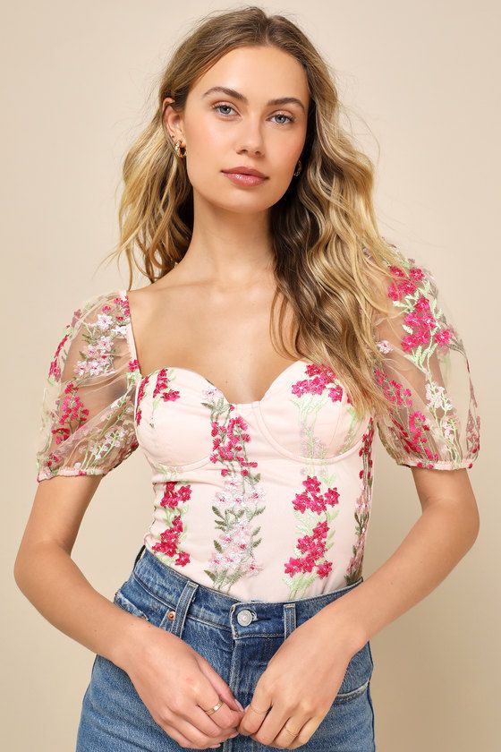 Charming Blessing Light Pink Embroidered Floral Bustier Bodysuit | Lulus