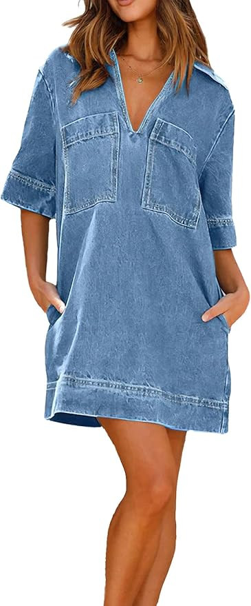 loveimgs Womens Summer Casual Denim Dress Short Sleeve V Neck Distressed Jean Dresses Mini Shirt ... | Amazon (US)