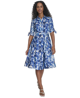 Calvin Klein Women's Cotton Printed Tie-Sleeve Shirtdress - Macy's | Macy's