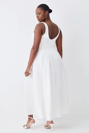 Plus Size Linen Seamed Detail Full Skirted Midi Dress | Karen Millen UK + IE + DE + NL