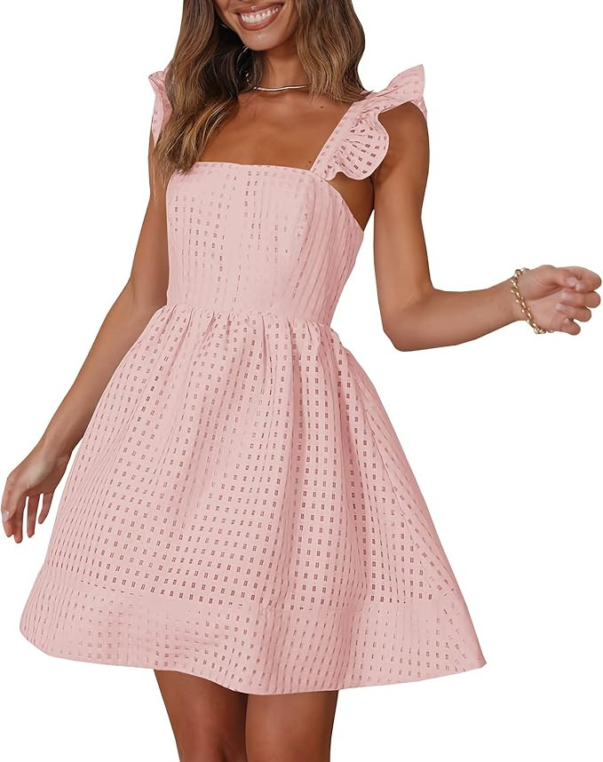 Ferlema Womens Open Back Summer Short Dress Casual Plaid Strap Sleeveless Square Neck Ruffle A Li... | Amazon (US)