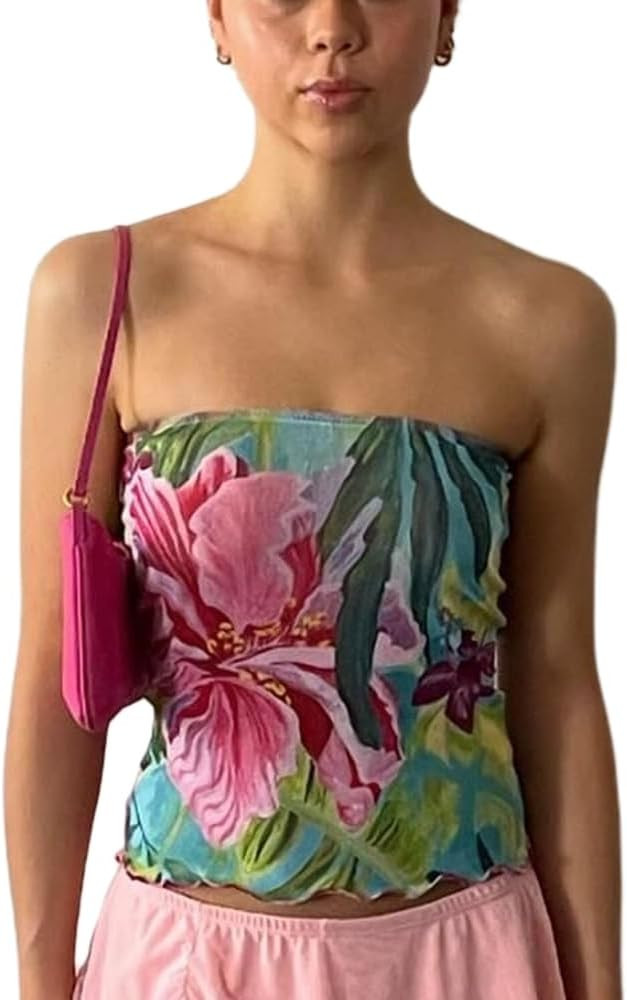 Women Floral Print Tube Top Y2k Strapless Sleeveless Top Vintage Backless Bandeau Summer Going Ou... | Amazon (US)