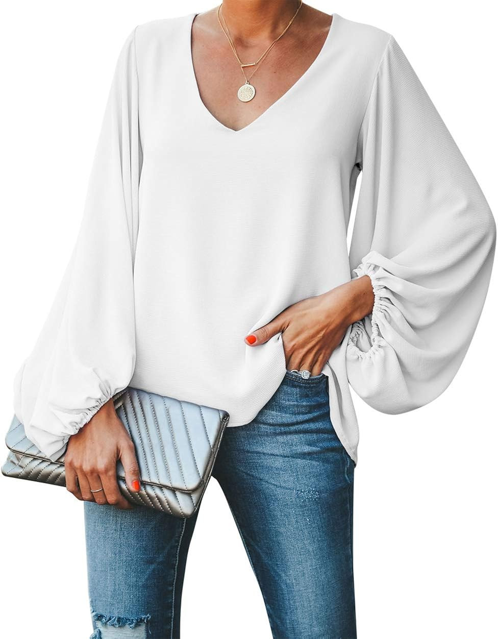 BELONGSCI Women's Casual Sweet & Cute Loose Shirt Balloon Sleeve V-Neck Blouse Top | Amazon (US)