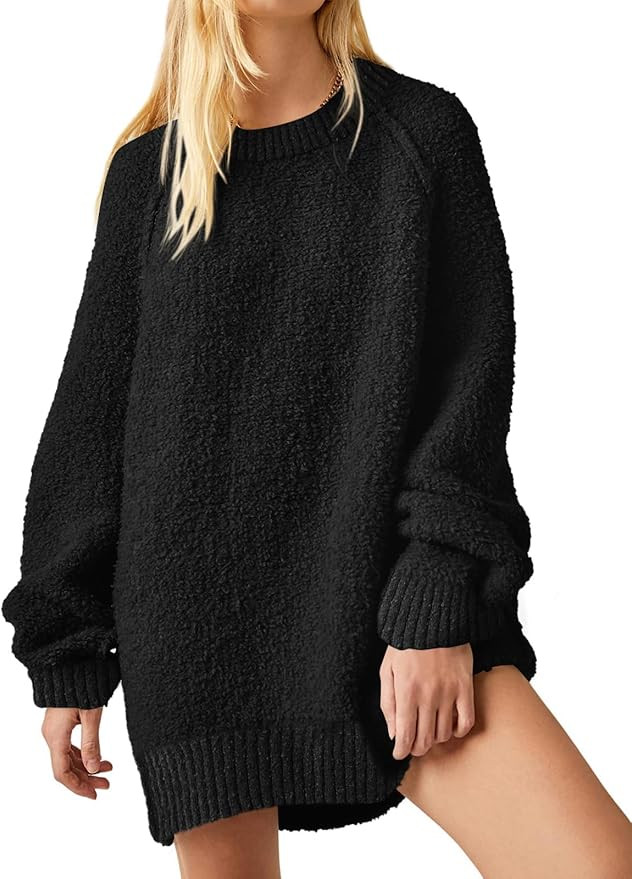 Saodimallsu Womens Oversized Sweater 2024 Fall Trendy Fuzzy Crew Neck Long Sleeve Casual Tunic Sw... | Amazon (US)