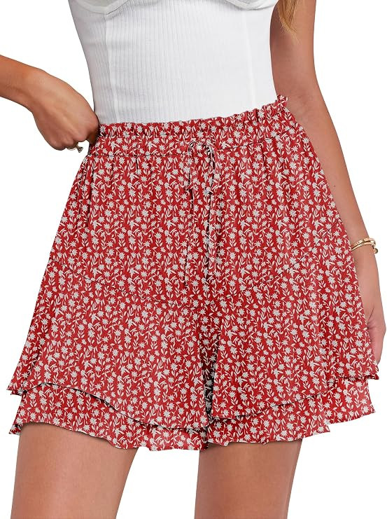 Caracilia Skorts for Women Boho Casual Beach Mini Skirts Summer Floral Ruffle Chiffon Flowy Short... | Amazon (US)