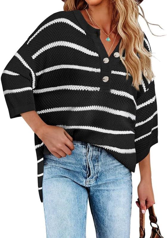 SHEWIN Womens Button Down V Neck 3/4 Sleeve Sweaters Tops Casual Striped Pullover Shirt Lightweig... | Amazon (US)