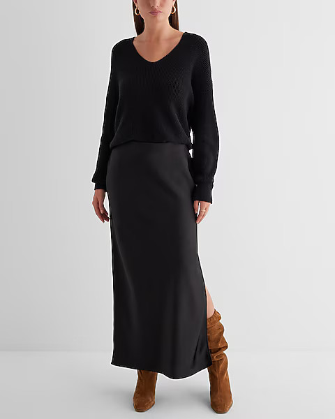 High Waisted Satin Side Slit Maxi Skirt | Express