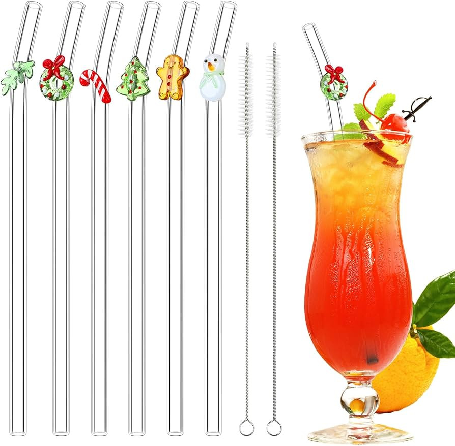 Meanplan 6 Pcs Christmas Glass Straws with Design Christmas Tree Gingerbread Man Candy Canes Leav... | Amazon (US)