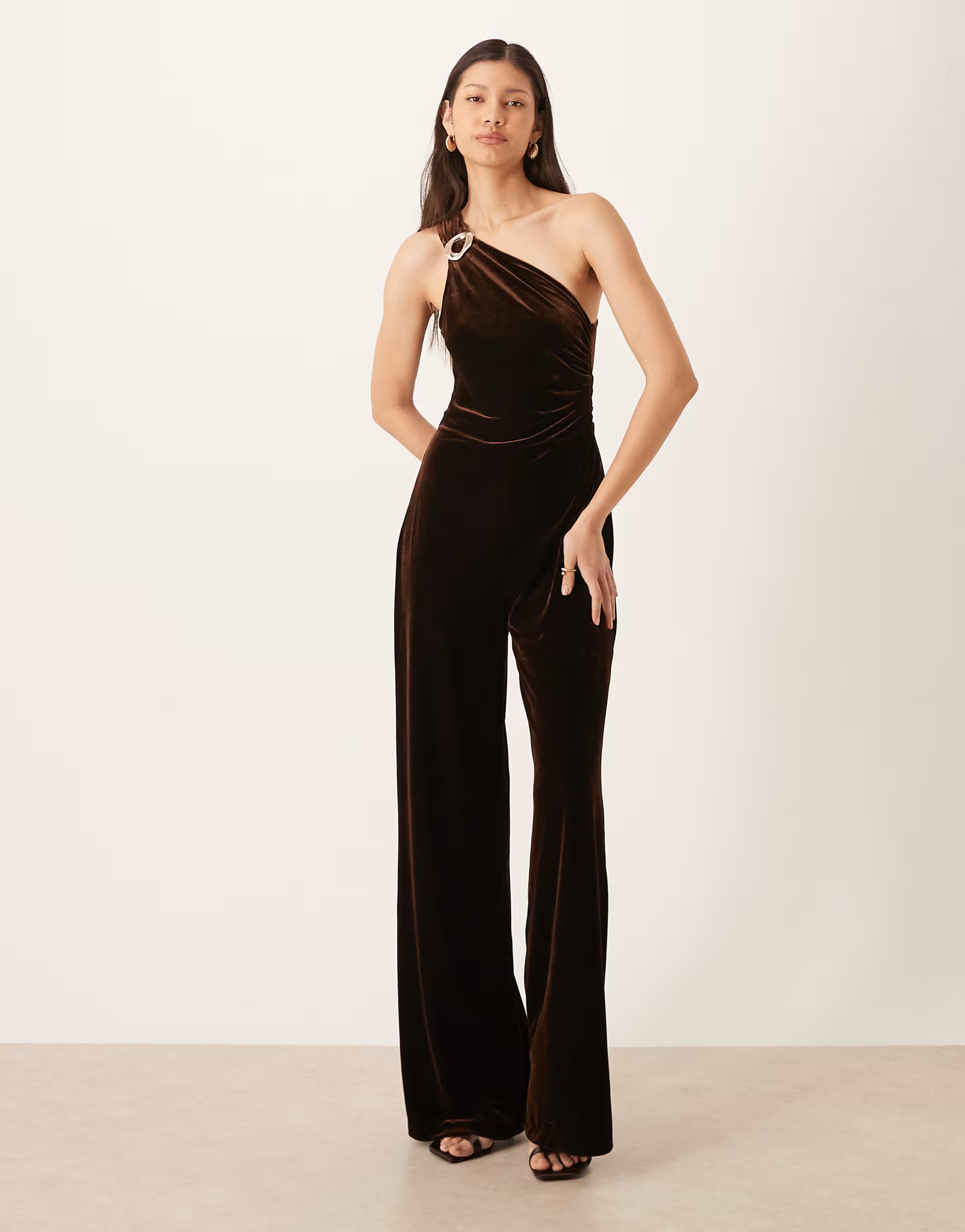 Mango one shoulder velvet jumpsuit in brown | ASOS | ASOS (Global)
