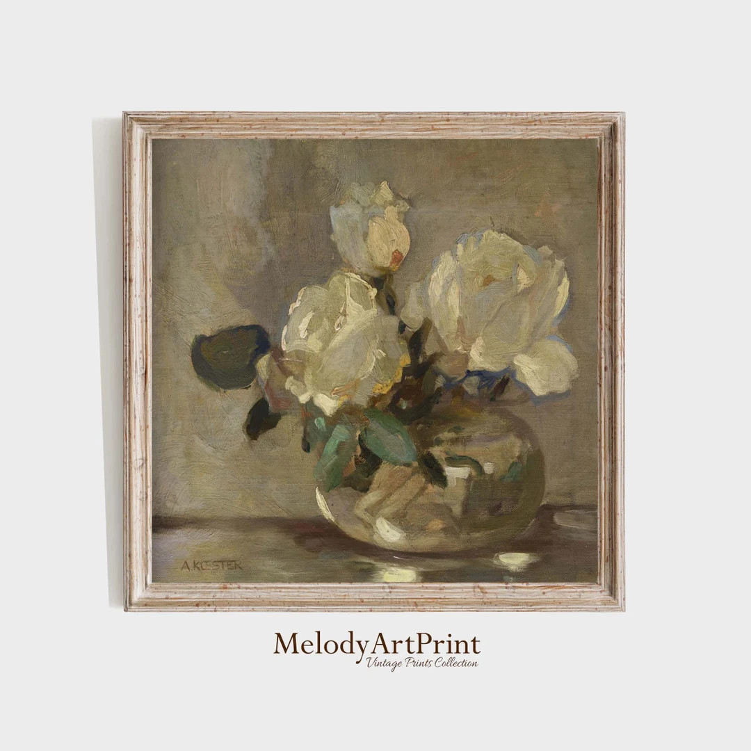 White Flower Square Printable Art | Vintage Rose Vase Painting | French Country Decor | Botanical... | Etsy (US)