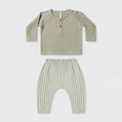 Q by Quincy Mae Baby 2pc Gingham Woven Long Sleeve Top & Pants Set - Ivory/Sage Green | Target