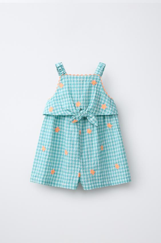 SHORT GINGHAM JUMPSUIT WITH EMBROIDERED FLOWERS | Zara US