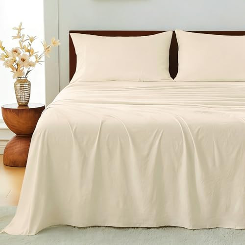 GOKOTTA 4-Pcs King Size Sheets Set, 10-16" Deep Pocket, Non-Slip Elastic Corner Straps, Washed & Brushed Microfiber Polyester - Hotel Luxury, Ultra Soft, Breathable, Wrinkle-Free, Anti-Rip - Beige | Amazon (US)