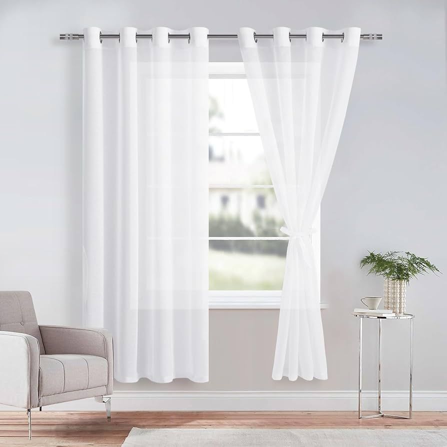 DWCN White Sheer Curtains with Tiebacks Semi Transparent Voile Grommet Curtains Elegant Window Cu... | Amazon (UK)
