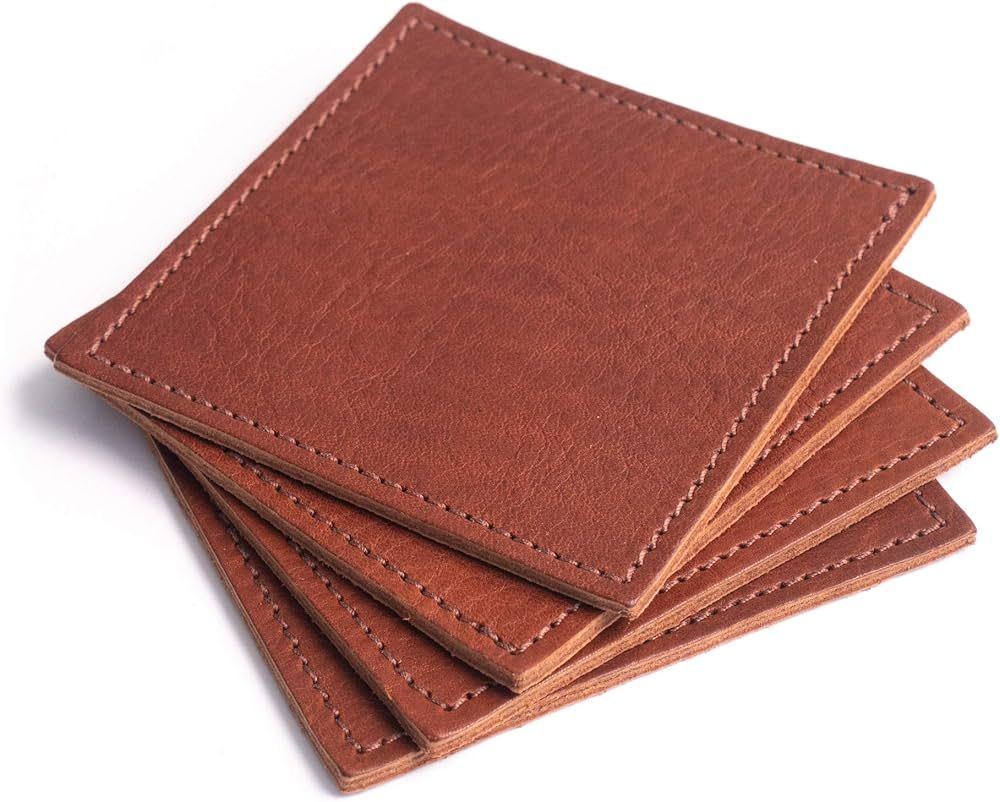 American Made Leather Coasters - Premium Full Grain Leather, Double Layered Square Rustic Brown C... | Amazon (US)