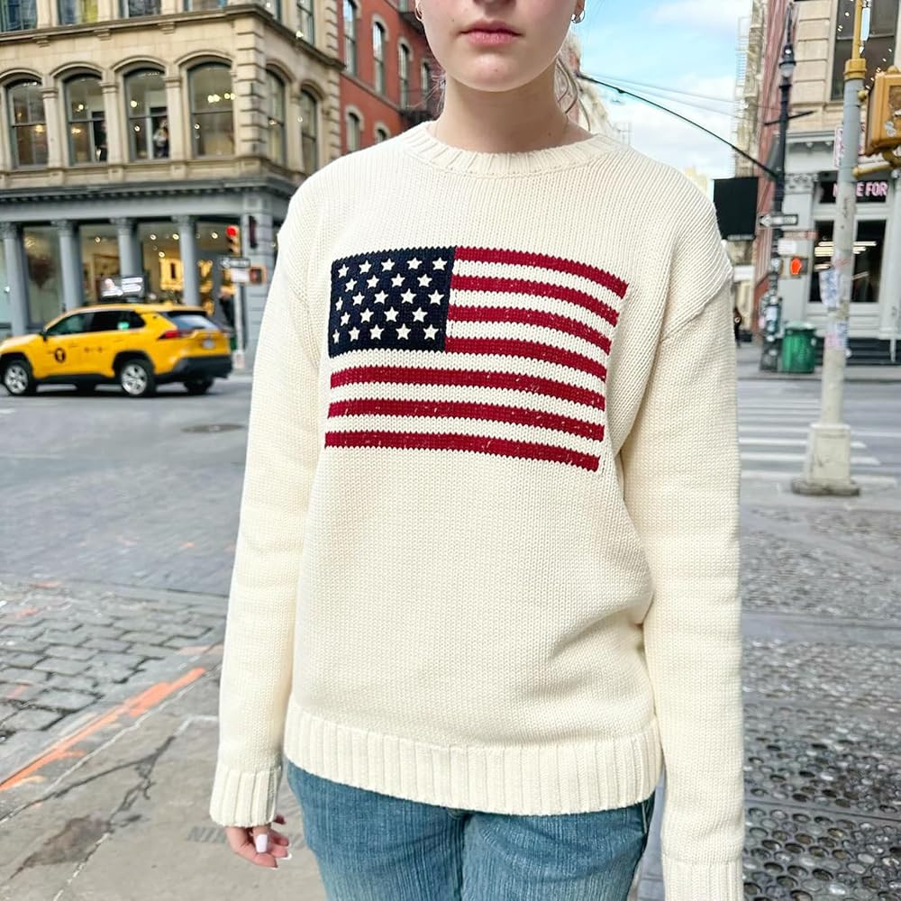 Women's American Flag Sweater Long Sleeve Crew Neck Vintage Star Print Sweater Top 4th of July Kn... | Amazon (US)