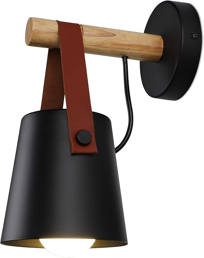 iYoee Wall Sconce Lighting Fixture,Black Industrial Bedroom Bedside Wall lamp Brown Leather and W... | Amazon (US)