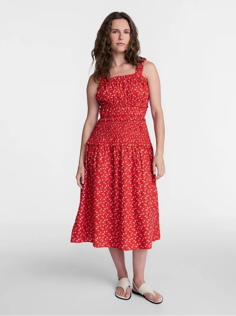 Time and Tru Women's and Women's Plus Sleeveless Smocked Cotton Peasant Midi Dress, Sizes XS-4X | Walmart (US)