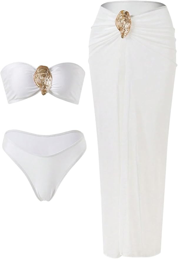 GORGLITTER Women's Strapless Bandeau Swimsuits High Waisted Bikini Sets with Beach Sarong Coverup... | Amazon (US)