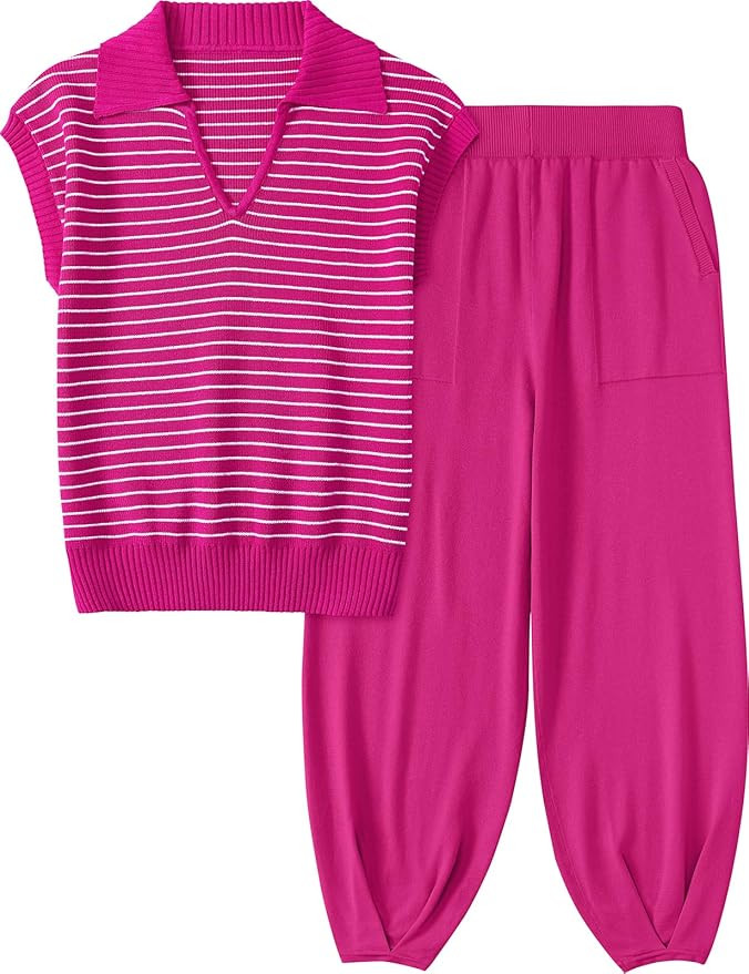 UEU Women's 2 Piece Outfits 2025 Summer Striped Knit Sweater Vest Top & Pants Casual Travel Match... | Amazon (US)