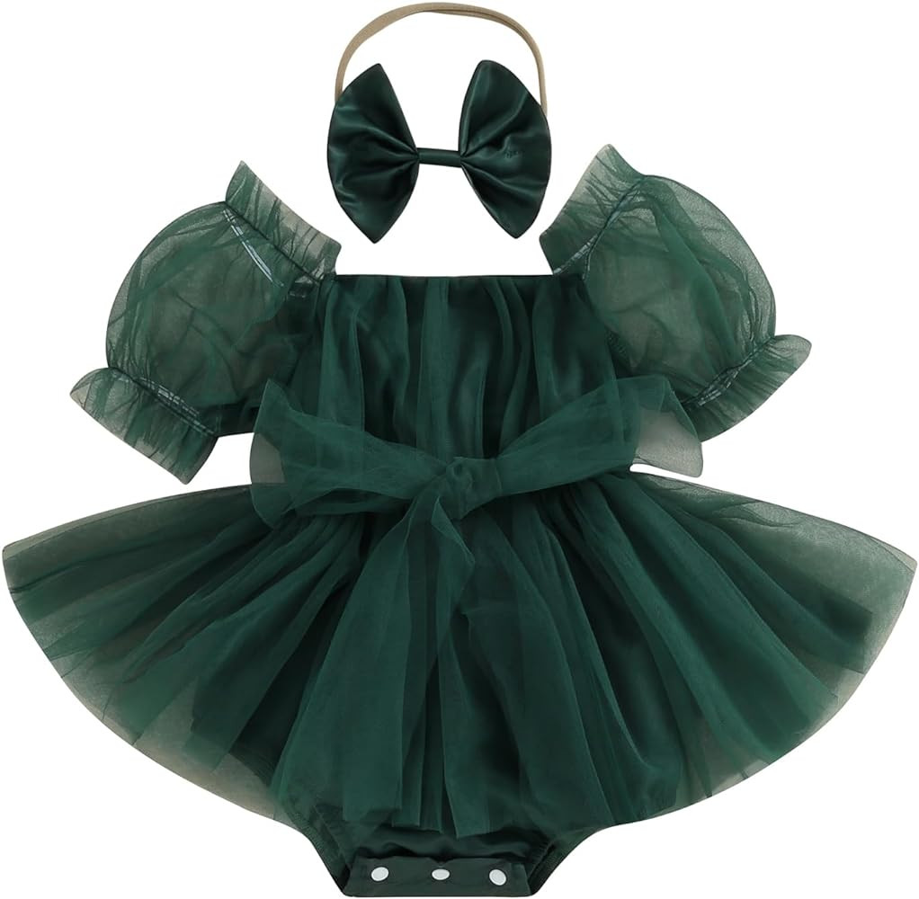 FYBITBO Baby Girl Christmas Outfit Bowknot Puff Sleeve Layered Tulle Tutu Bodysuit Headband Princ... | Amazon (US)