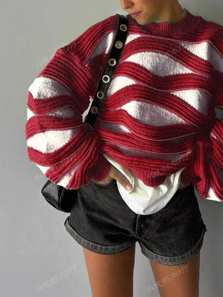 Autumn And Winter New Round Neck Wave Stripe Color Collision Long-Sleeved Knit Sweater Women Loos... | SHEIN
