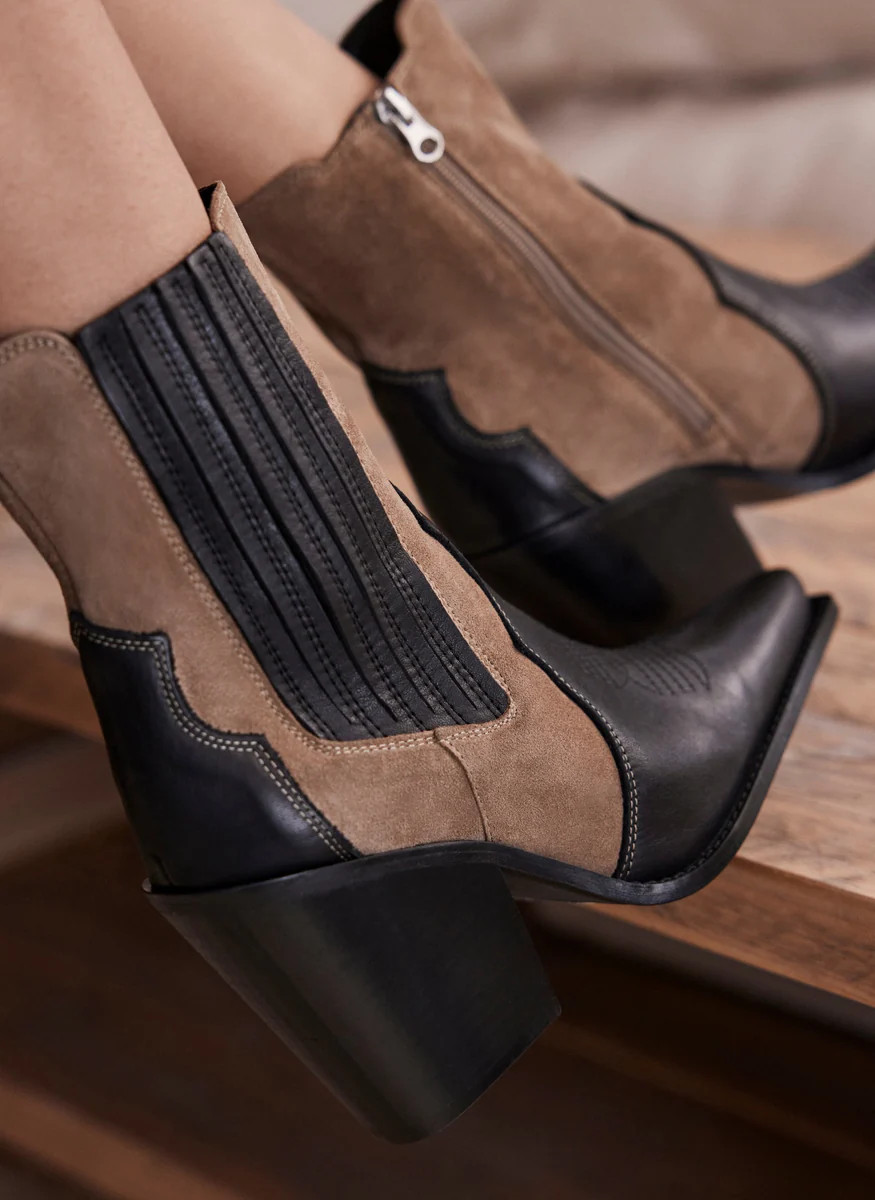 Black Leather Blocked Cowboy Boots | Mint Velvet