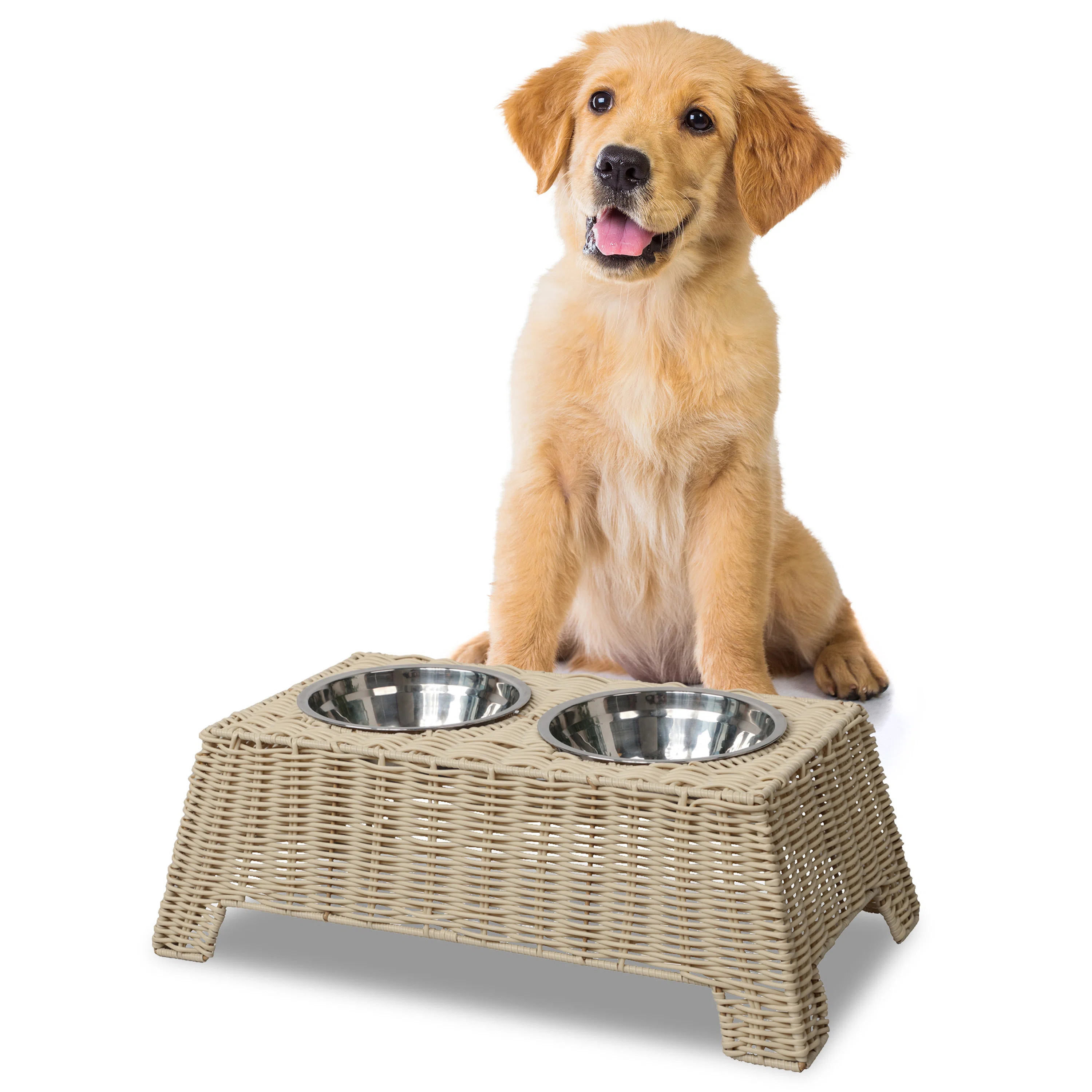 Serenity 6.9" Small/Medium Elevated Wicker Pet Feeder with 18oz (2.2 Cups) 2-Stainless Steel Bowl... | Wayfair North America
