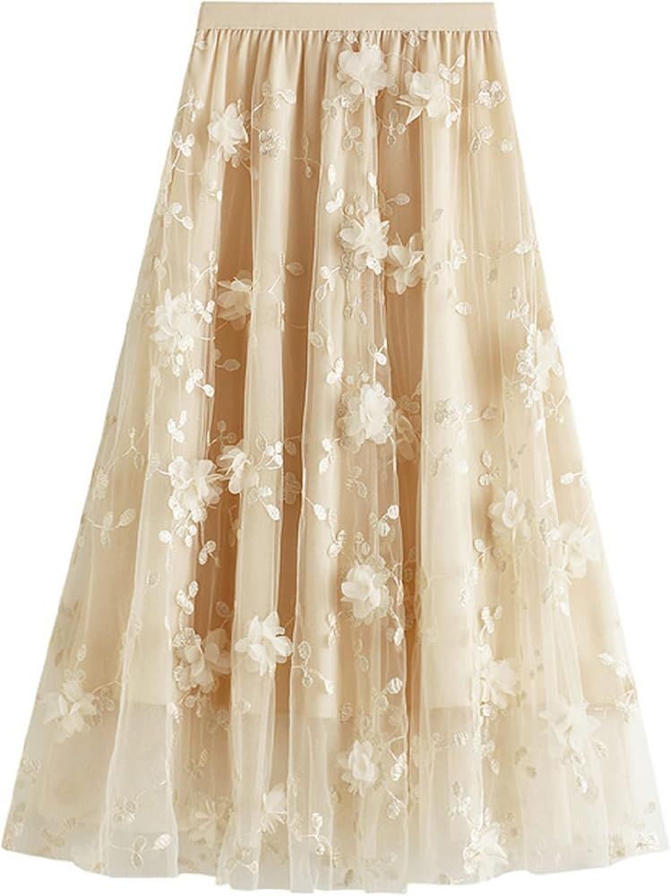 Women's Midi Tulle Skirt Elastic High Waist Skirt Floral Embroidery Layered Print Mesh Midi Skirt | Amazon (US)