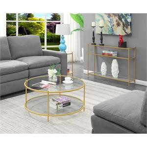 Royal Crest Two-Tier Round Gold Metal Coffee Table With Clear Glass Shelves | Homesquare