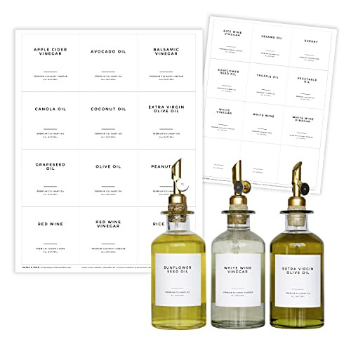 Clean-Modern White Oil & Vinegar Labels by Paper & Pear - Waterproof + Oil Resistant Pantry Labels - 2.6” Square Labels for Organizing Oil Dispenser Bottles - Preprinted Labels Stickers - Set of 24 | Amazon (US)