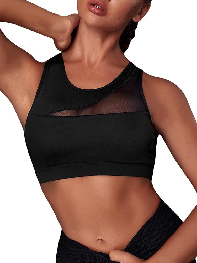 Verdusa Women's Cut Out Back Contrast Mesh Workout Sport Bra | Amazon (US)