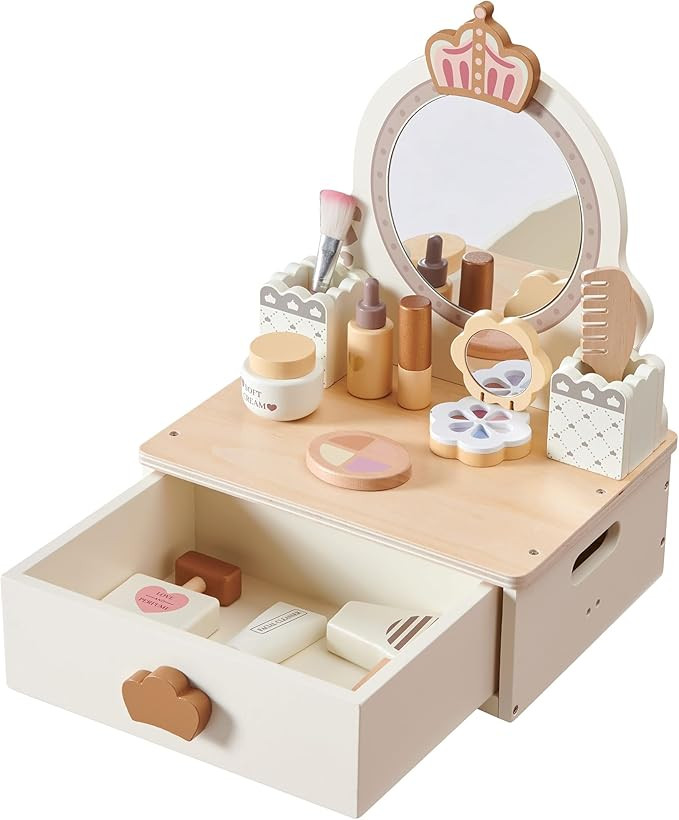 Kids Vanity Table Set for Kids, Wooden Toddler Vanity Set with Mirror & Drawer, Pretend Makeup fo... | Amazon (US)