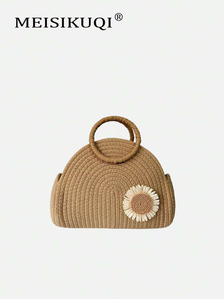 Half-Circular Tote Bag With Beach Grass, Woven Basket With Daisy Decor Handle, Boho Vacation Travel Crossbody Bag, Women's Summer Solid Tote Handbag, Outdoor Picnic Basket, Perfect For Gift, Storage And Home Decor | SHEIN