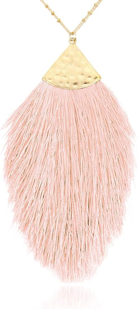 RIAH FASHION Antique Bohemian Silky Thread Fan Tassel Statement Necklace - Vintage Gold Feather S... | Amazon (US)