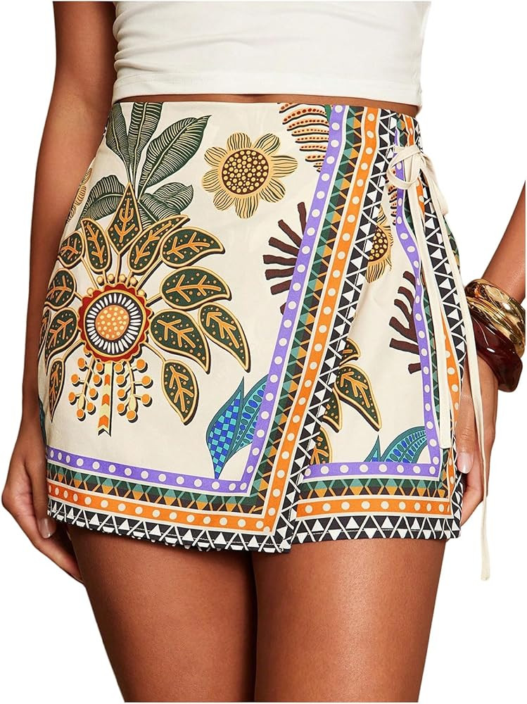 Women's Boho Mini Skirts Floral Shorts Tie Side Wrap Elastic Waist Summer Skorts Beach Vacation O... | Amazon (US)