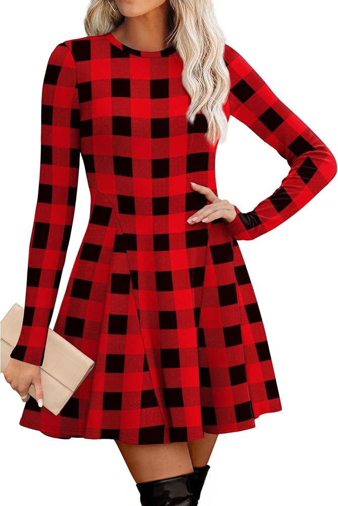 OFEEFAN Sweater Dress for Women Fall 2025 Long Sleeve Crew Neck Ribbed Knit Fit and Flare A-Line ... | Amazon (US)