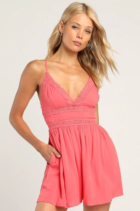 Endless Afternoons Coral Pink Lace-up Backless Romper | Lulus (US)