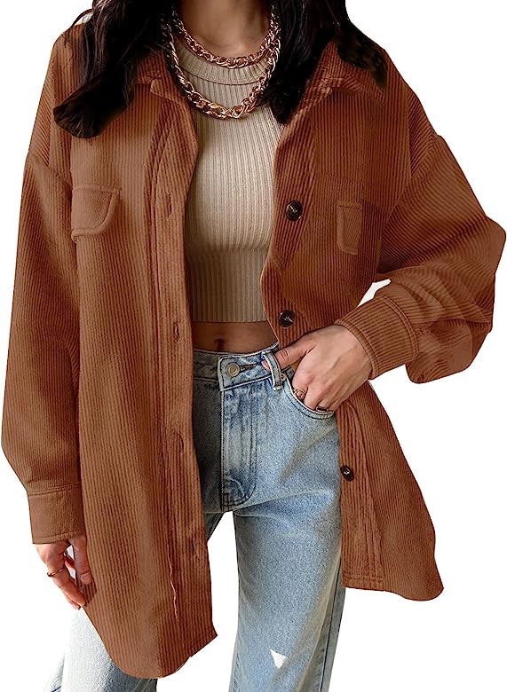 SANDERY Womens Corduroy Button Down Shirts for Women Shacket Long Sleeve Tops Collared Shirt Jacket  | Amazon (US)