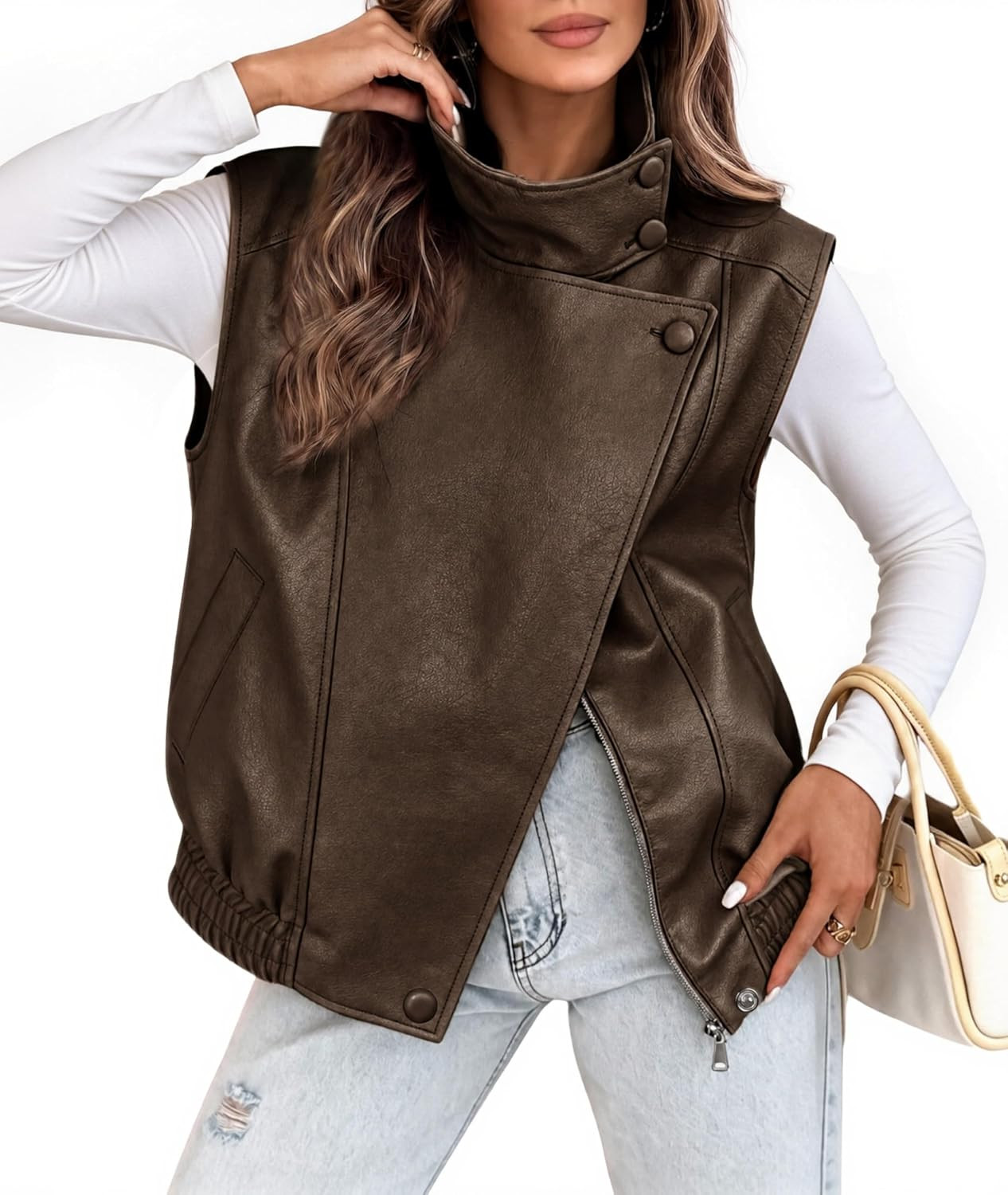 Tankaneo Womens Oversized Faux Leather Vest Stand Collar Sleeveless Jacket | Amazon (US)